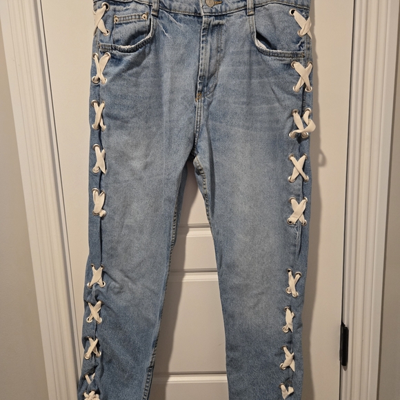 Zara Denim - Zara Light Wash Denim Straight Leg Jeans With Lace Up Leg Detail Size 10